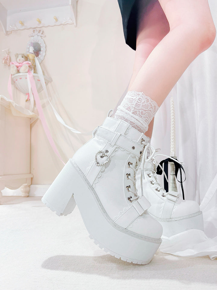 Jirai Kei Shoes Ankle Boots with Heart-shaped Pearl Buckle Detail 42651:748993