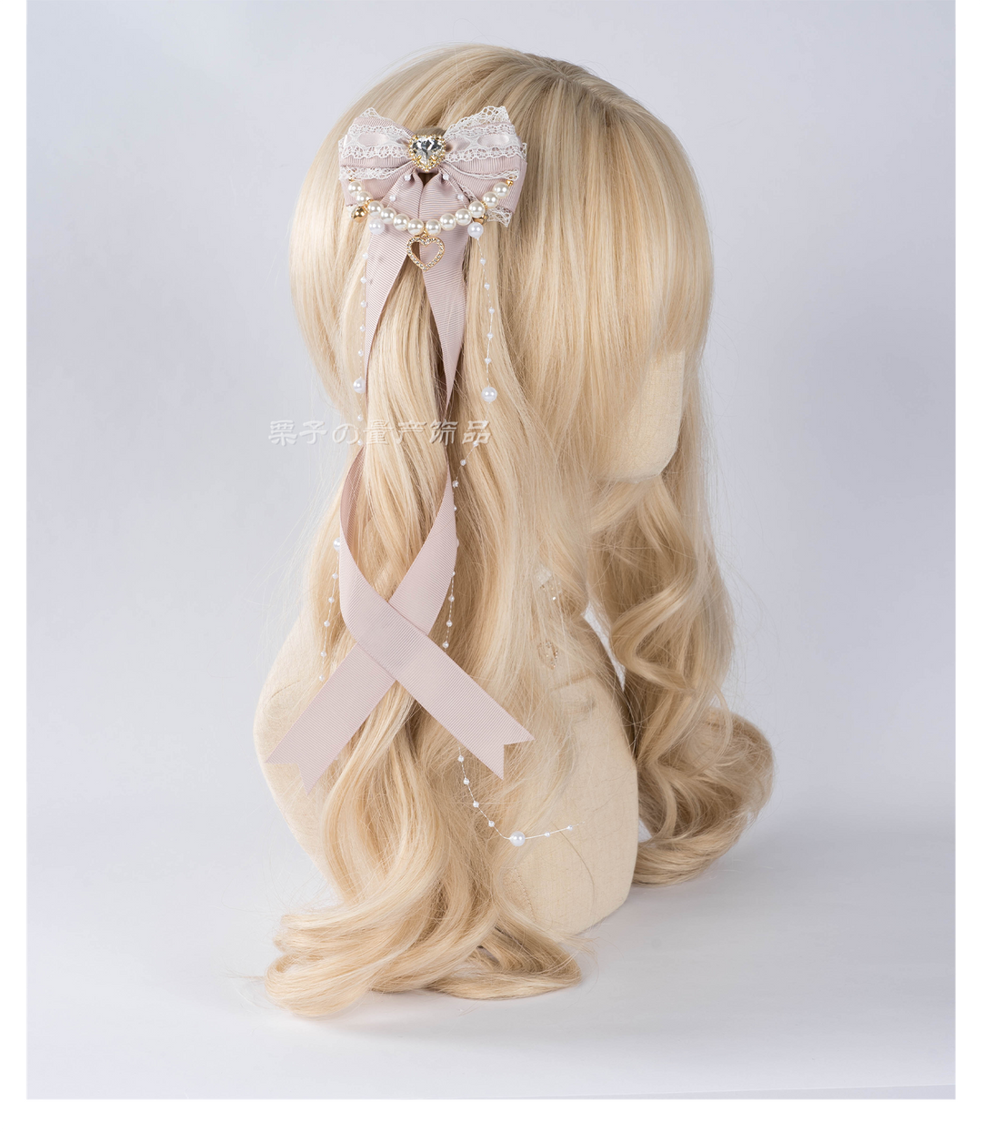 Jirai Kei Bow Hair Clip, Heart Rhinestone, Pearl Chain, Lace Trim 43501:778542