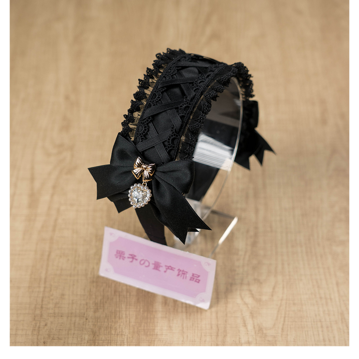 Ruffled Lace Jirai Kei Headband with Bows and Rhinestone 42485:742665