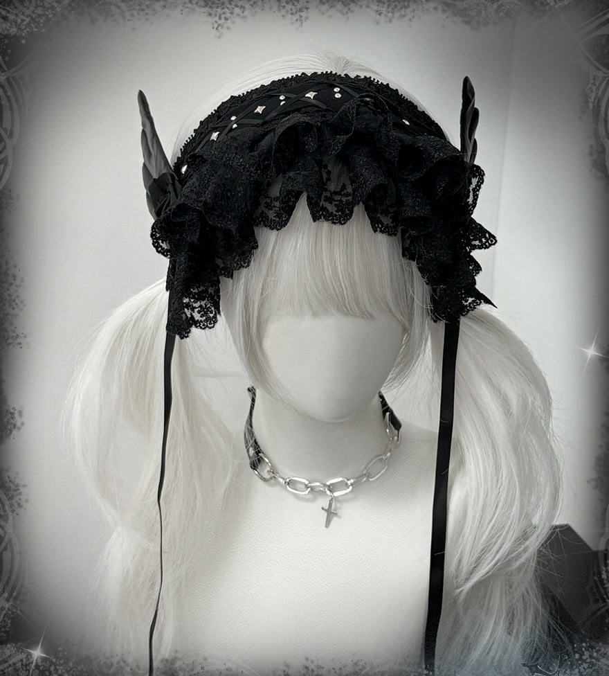 Black Jirai Kei Lace Hairband with Wings Flowers and Rivets 42803:753944