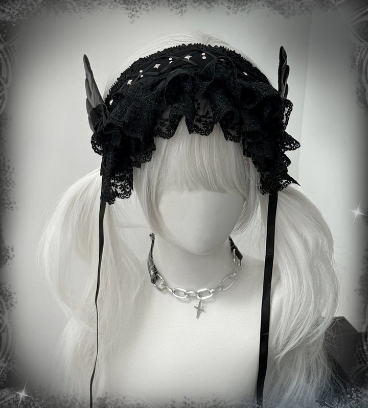 Black Jirai Kei Lace Hairband with Wings Flowers and Rivets 42803:753944