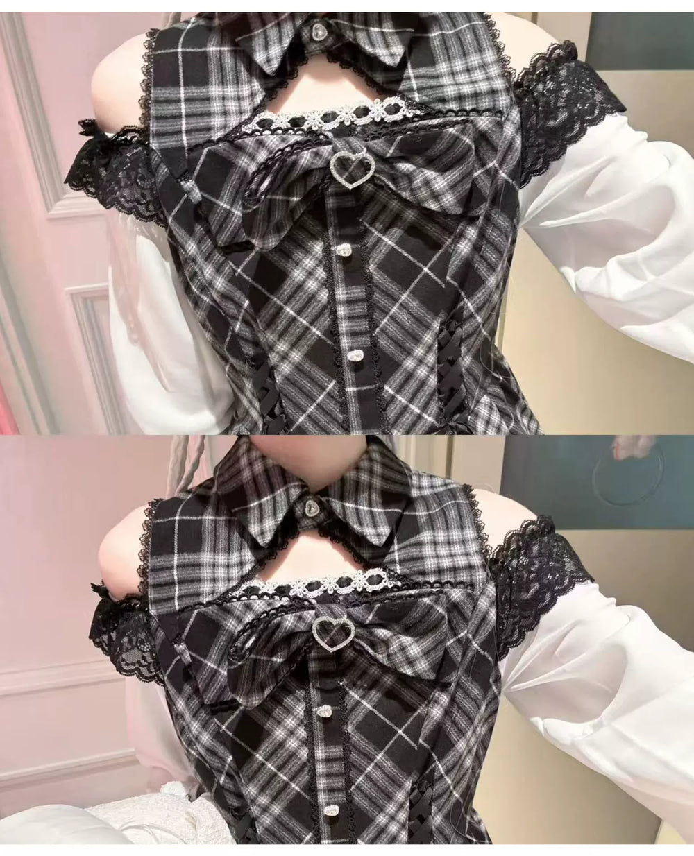 Jirai Kei Plaid Open-Shoulder Dress, Long Sleeves 46111:875348