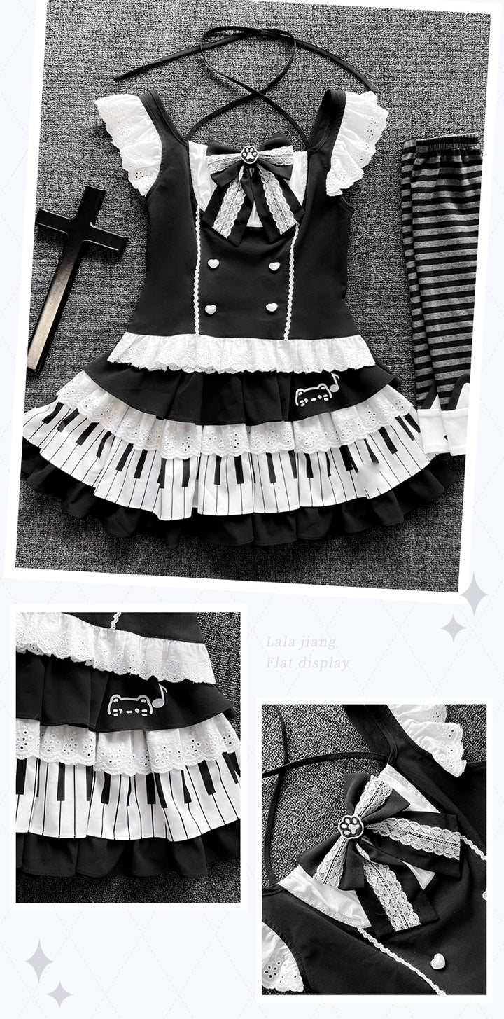 Halter Neck Kawaii Skirt Set, Cat and Piano Print 43577:780204