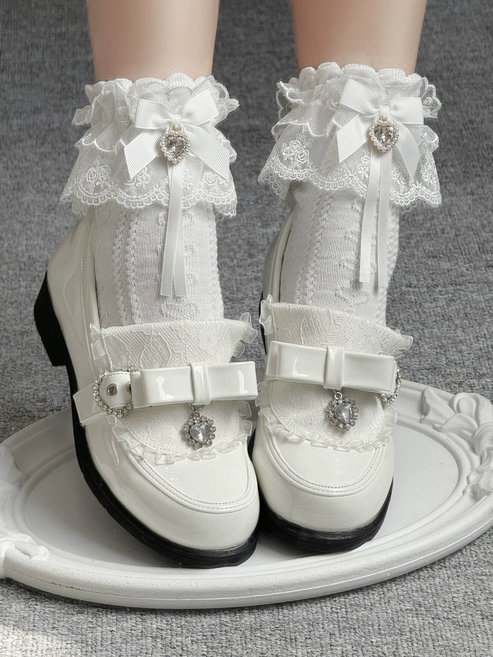 Jirai Kei Low-Heel Loafer Shoes, Rhinestones & Bow 43944:790313