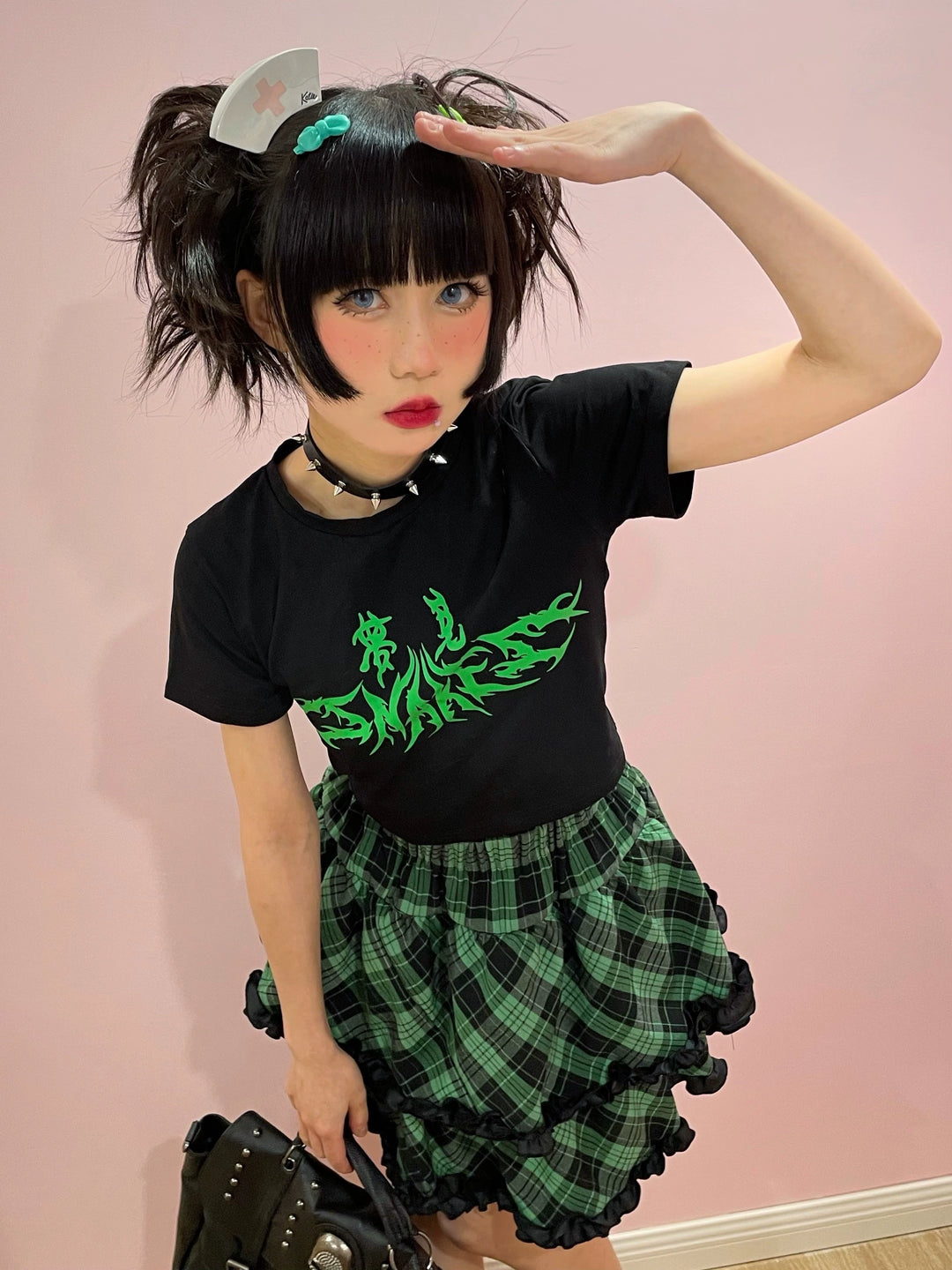 Punk Plaid Skirt Pink Blue Skirt Bow Layered Ruffle Skirt 33818:445922 33818:445922