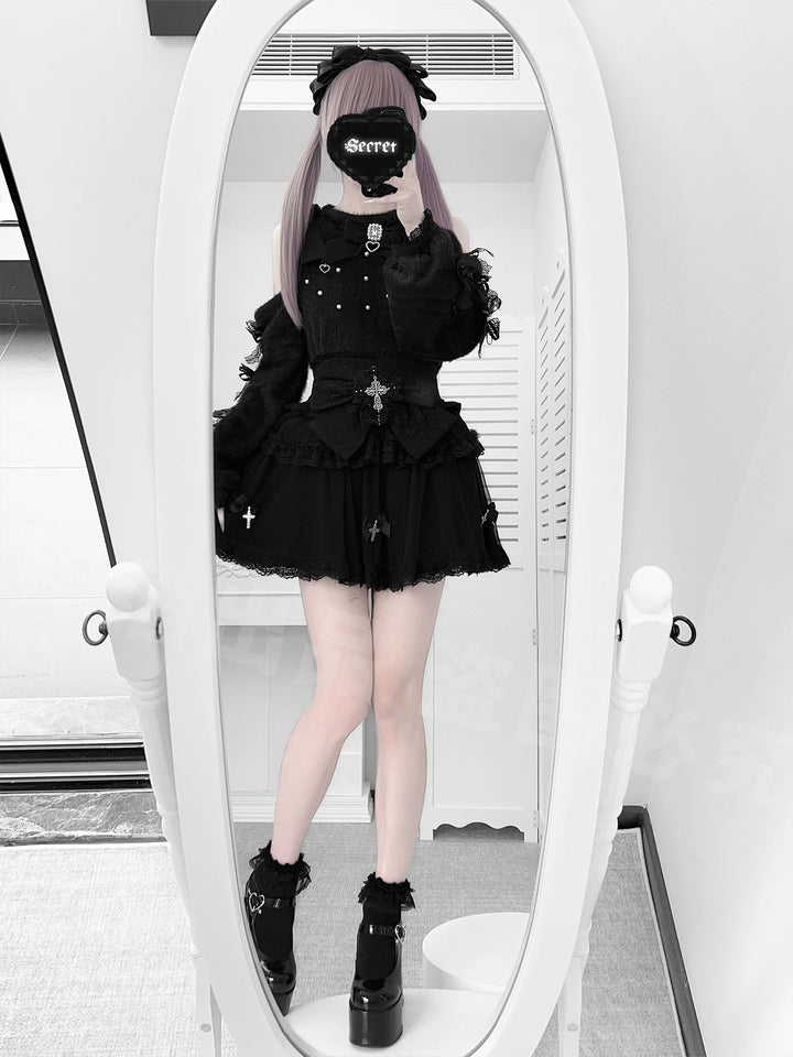 Jirai Kei Open-Shoulder Sweater, High-Waist Cross Skirt 44377:807423