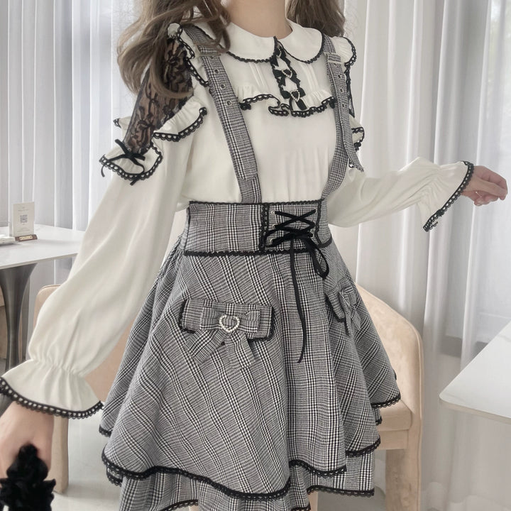 Jirai Kei Blouse White Lace Shirt Plaid Skirt Overall Dress 32960:431768