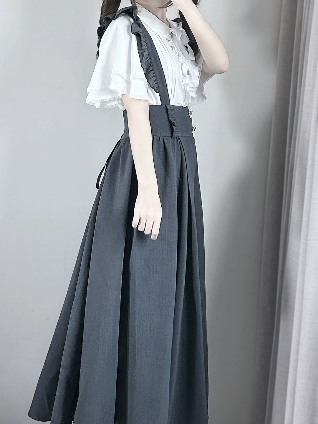 Solid Seiso Kei Suspender Skirt, Ankle Length 44166:798546