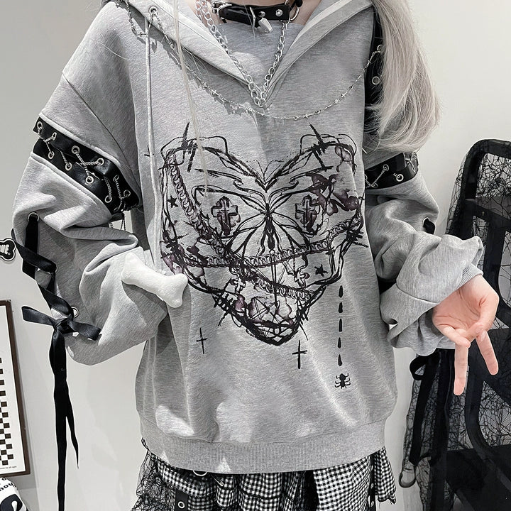 Jirai Kei Outfit Set Gothic Sailor Collar Hoodie Skirt Set 35762:517432