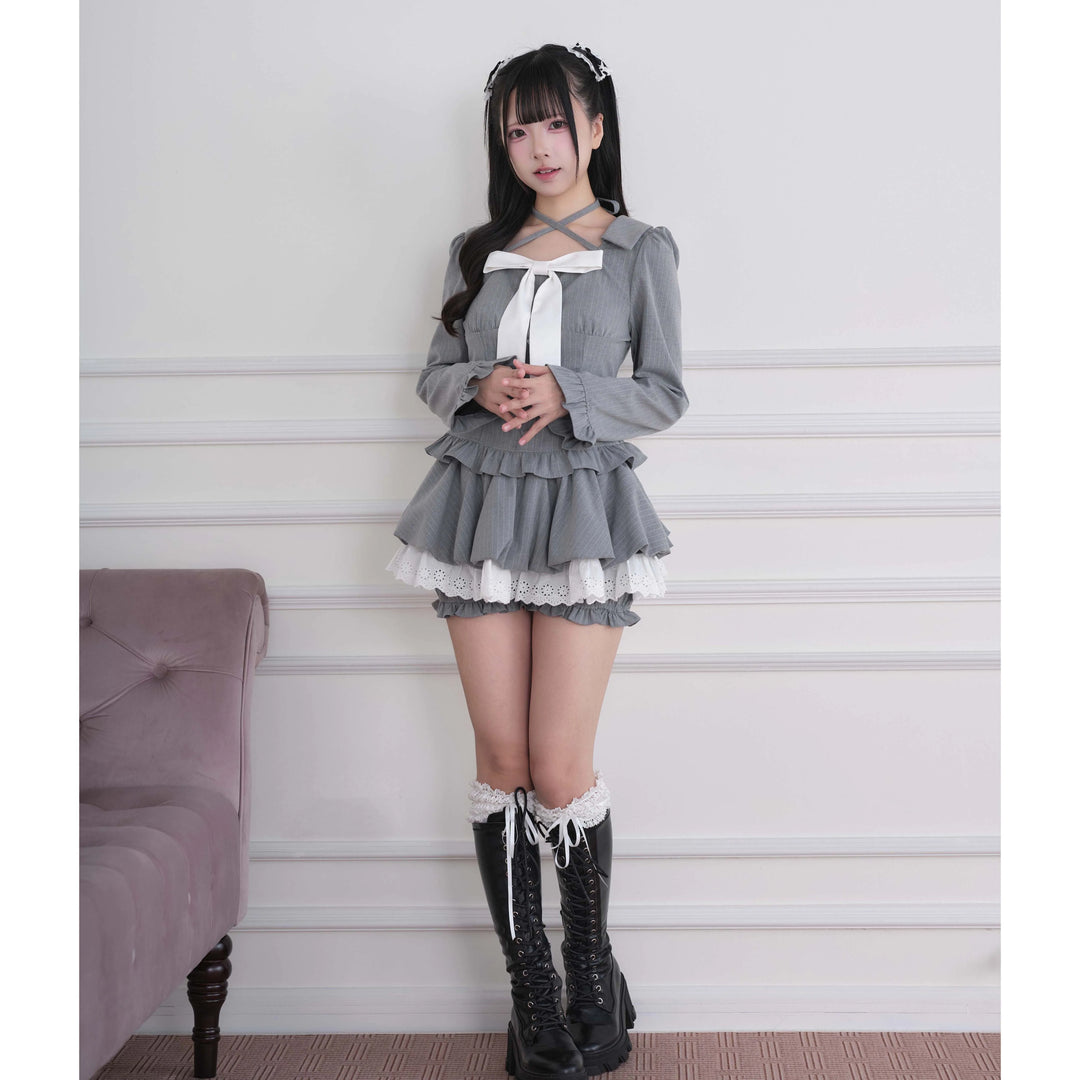 Ryousangata Plaid/Striped Dress & Shorts Set, Chest Big Bow 46031:873232