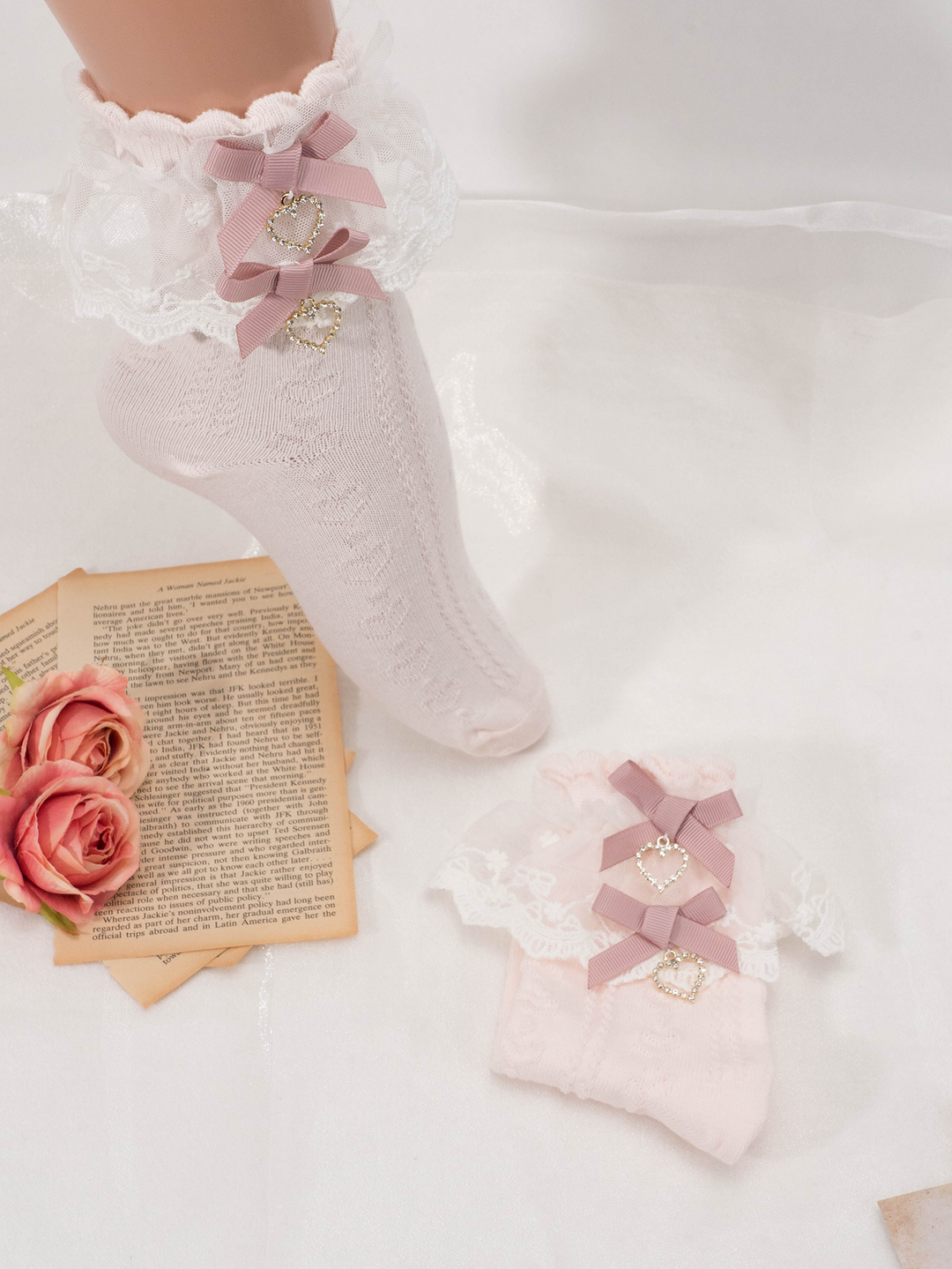 Lolita Mid-Calf Socks With Heart-shaped Rhinestone And Bow 21594:311010