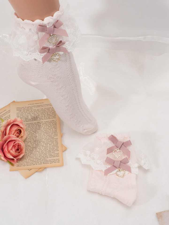 Lolita Mid-Calf Socks With Heart-shaped Rhinestone And Bow 21594:311010