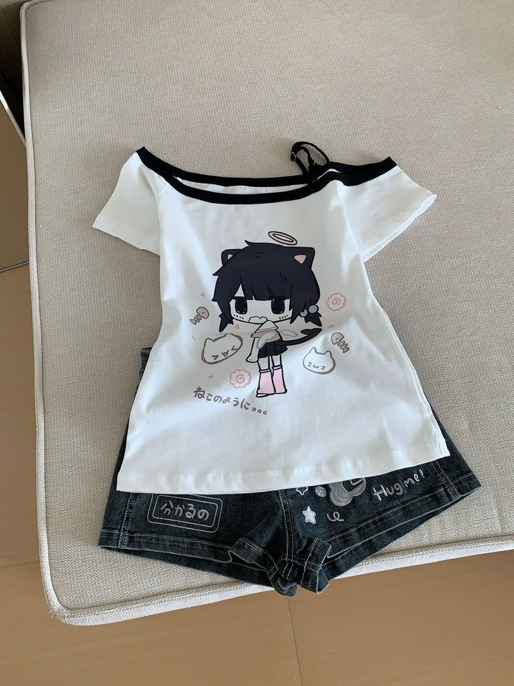 Open-Shoulder Summer Kawaii T-Shirt, Otaku Style Print 43559:779902