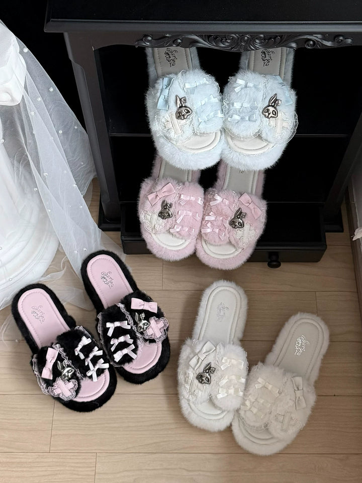 Jirai Kei Platform Wedge Slippers, Bunny Ears & Cross 46071:875407