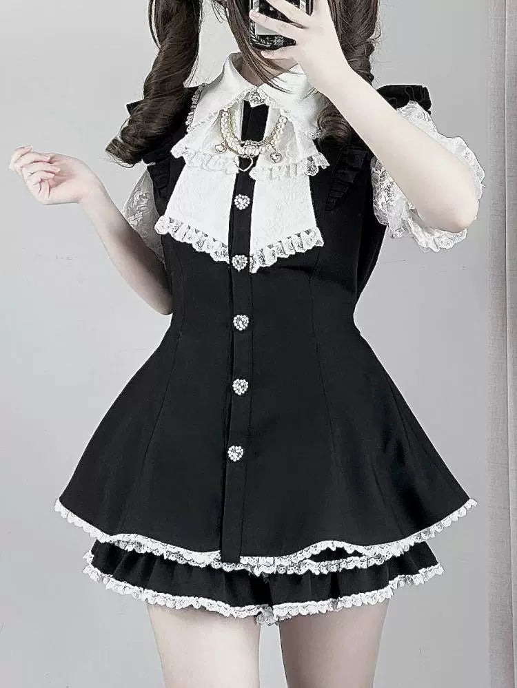 Plaid/Black Jirai Kei Dress Set, Lace Sleeve, Pearl Chain (L M S XL) 43241:774464