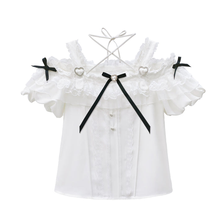 Jirai Kei Halter Neck Off-Shoulder Shirt and Lace Trim Skirt (L M S XL) 42706:749894