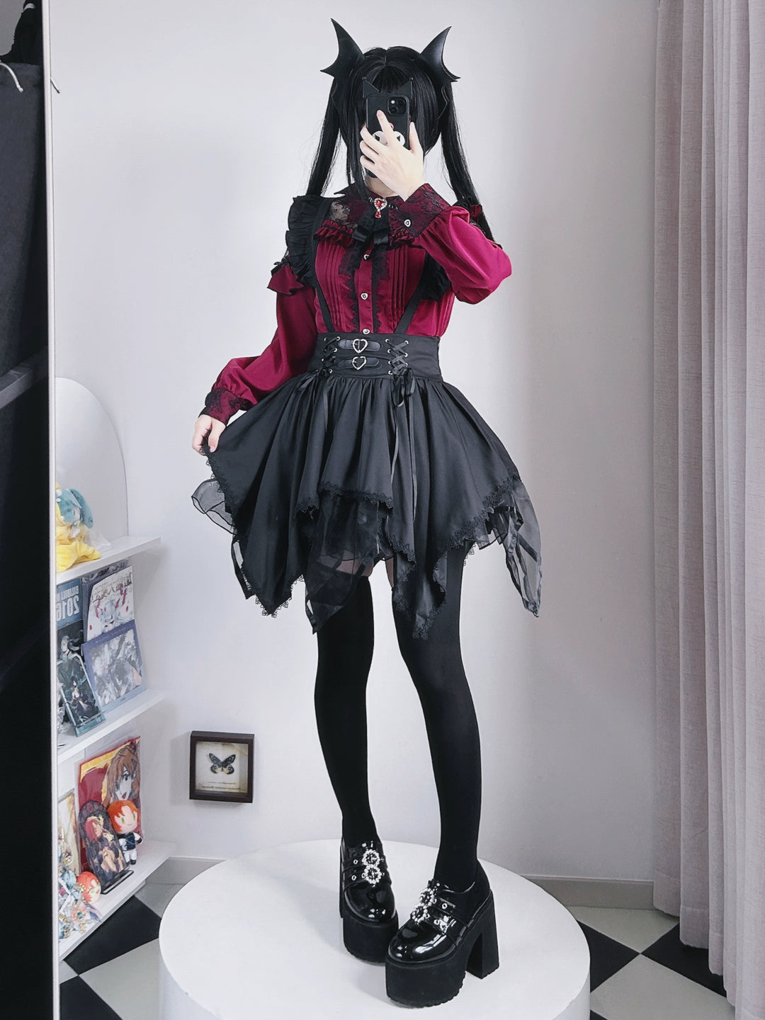 Jirai Kei Blouse Lace Bat Collar Burgundy And Black Shirt 39630:633416