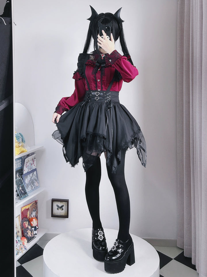 Jirai Kei Blouse Lace Bat Collar Burgundy And Black Shirt 39630:633416