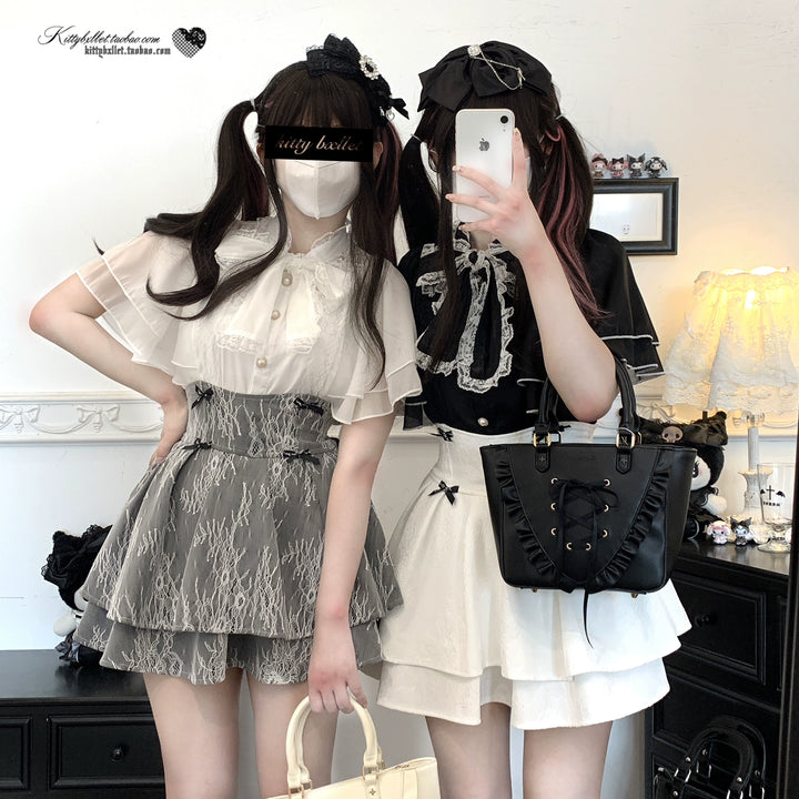 Caped Chiffon Jirai Kei Blouse With Hand-tied Bow 43106:768469