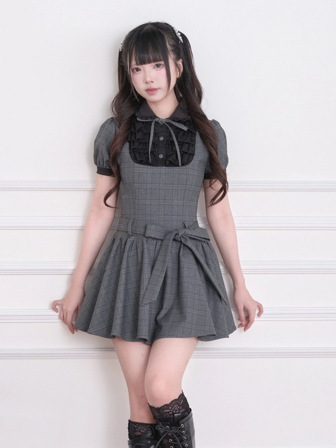 Summer Jirai Kei Plaid Dress, Layered Ruffle Chest (M S) 45197:839850