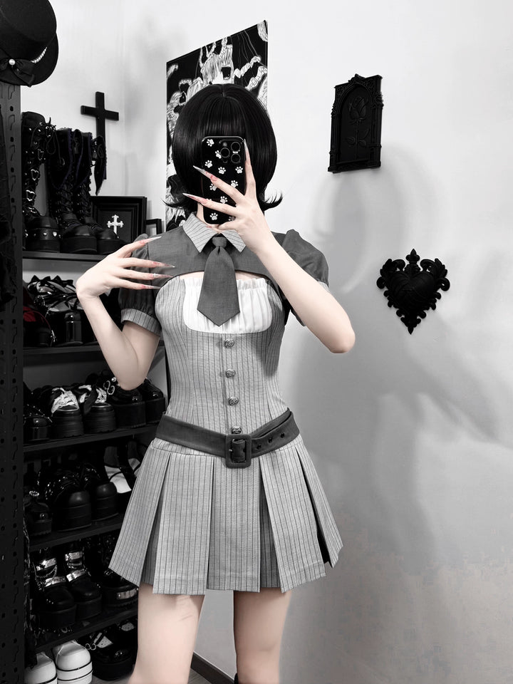 Jirai Kei Gray Striped Faux Two-Piece Dress, Mini Tie 44808:829281