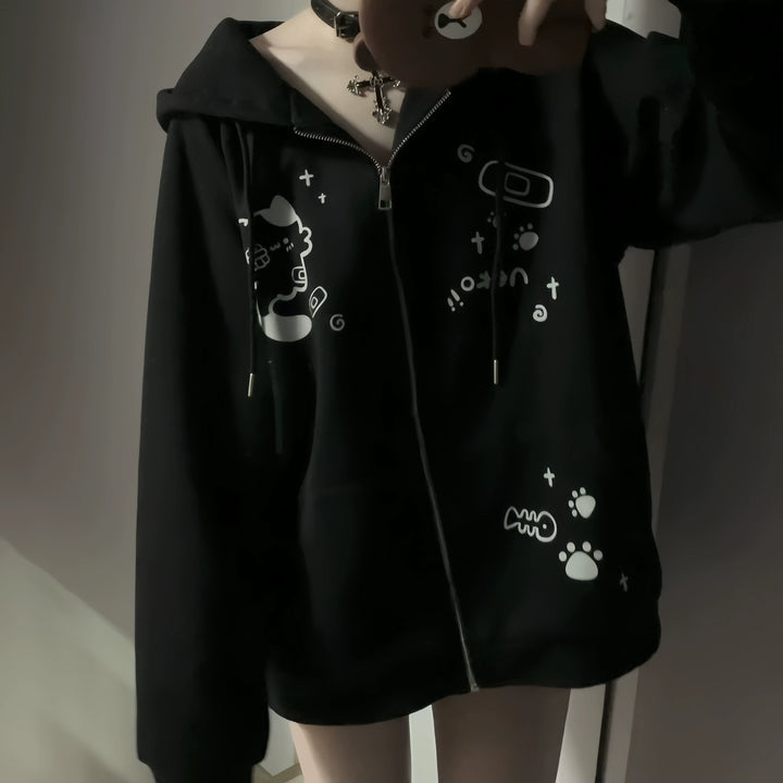 Kawaii Cat Ear Hooded Jacket, Bandage & Fishbone Print 43324:774192