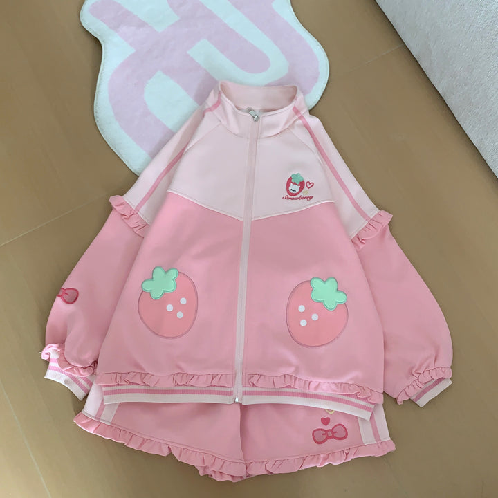 Kawaii Pink Coat and Shorts Set with Strawberry Embroidery 42703:749879