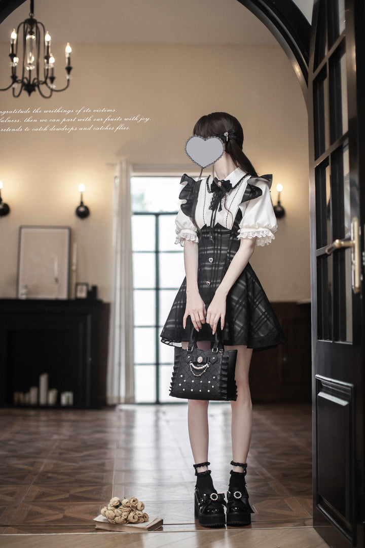 Black Plaid Jirai Kei Suspender Skirt, White Blouse 42918:760671