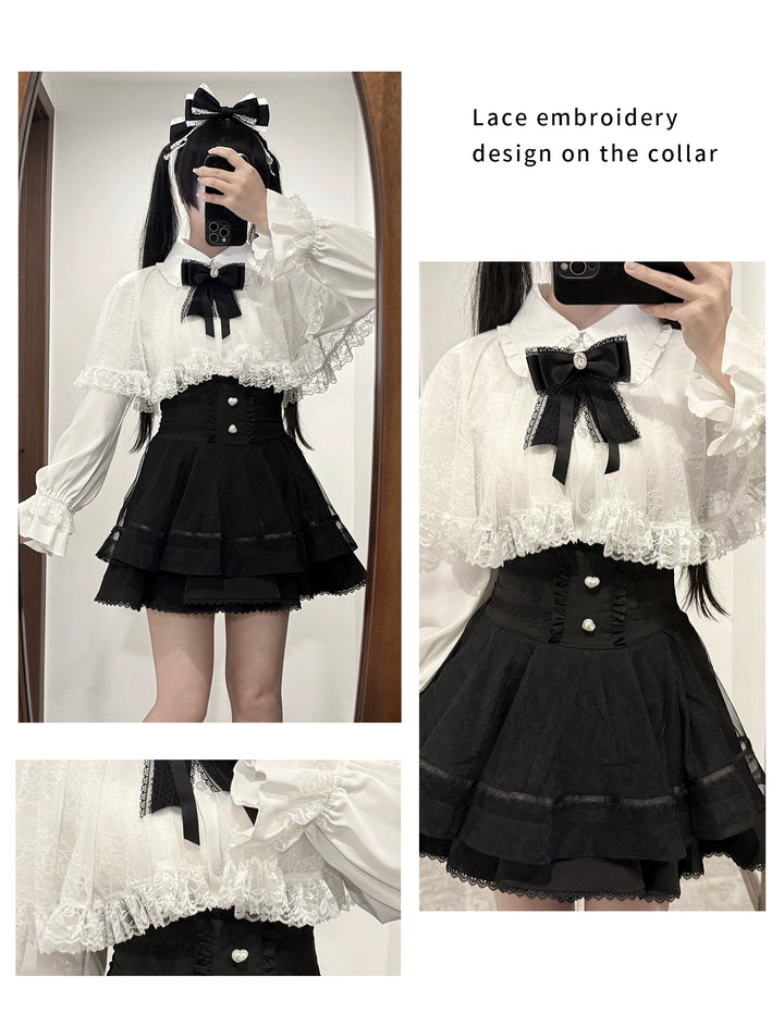 Jirai Kei Lace-cape Blouse, High-waist Skirt Outfit 43933:790382