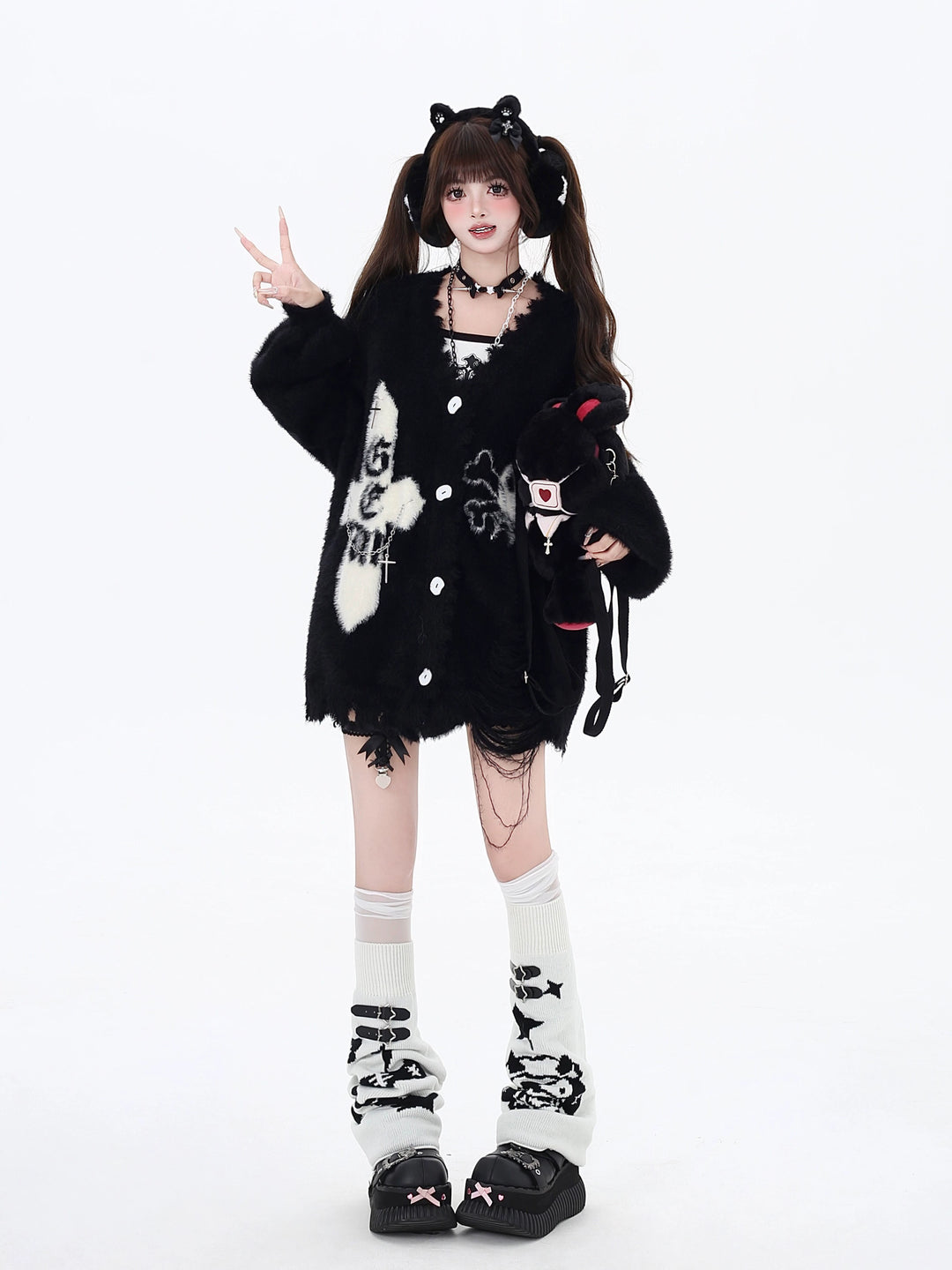 Jirai Kei Sweater Irregular Hem Cardigan With Striped Scarf 40922:680456
