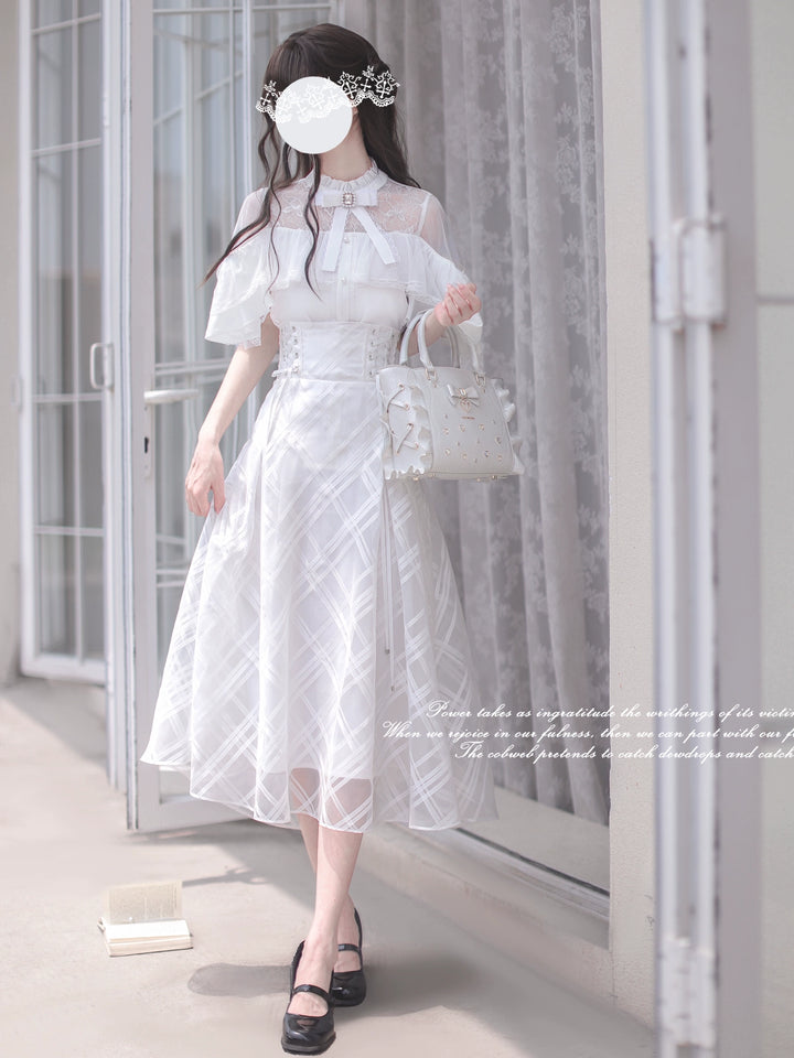 White Long Ryousangata Skirt With Elegant Cape-Design Shirt 43110:769484