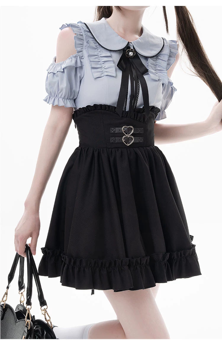 Jirai Kei Blue Open Shoulder Blouse, Flounce Hem Skirt 21966:350992