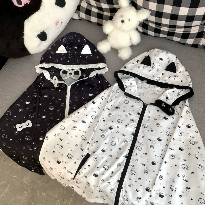 Kawaii Hooded Sunscreen Jacket with Cat Ears & Animal Prints 42905:759068