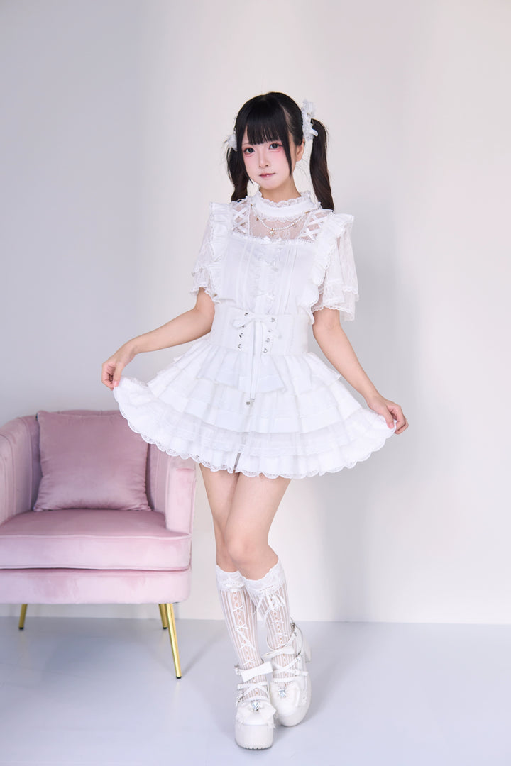 Jirai Kei Pearl Necklace Blouse, Lace-up Cake Skirt Set 43019:765675