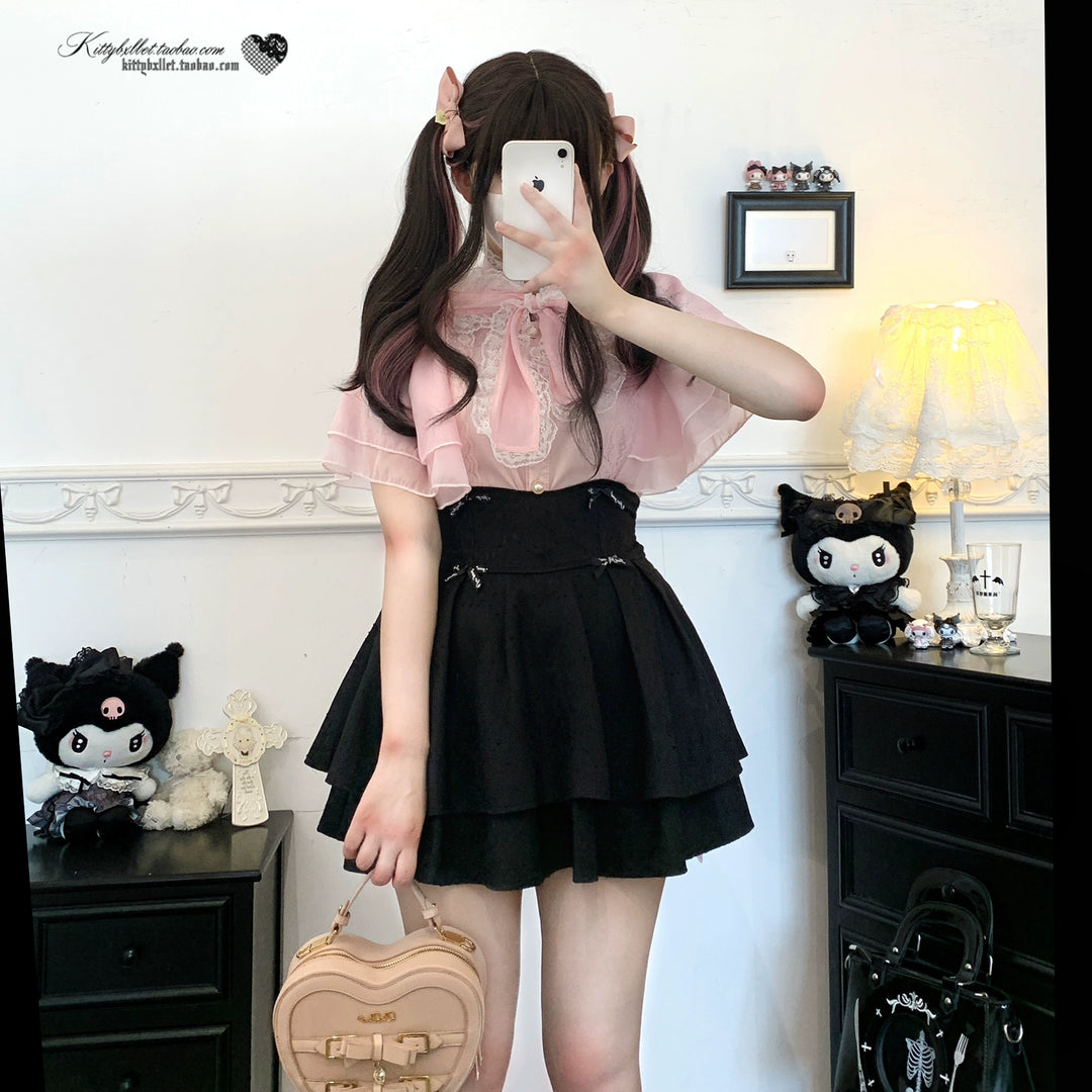 Caped Chiffon Jirai Kei Blouse With Hand-tied Bow 43106:768482