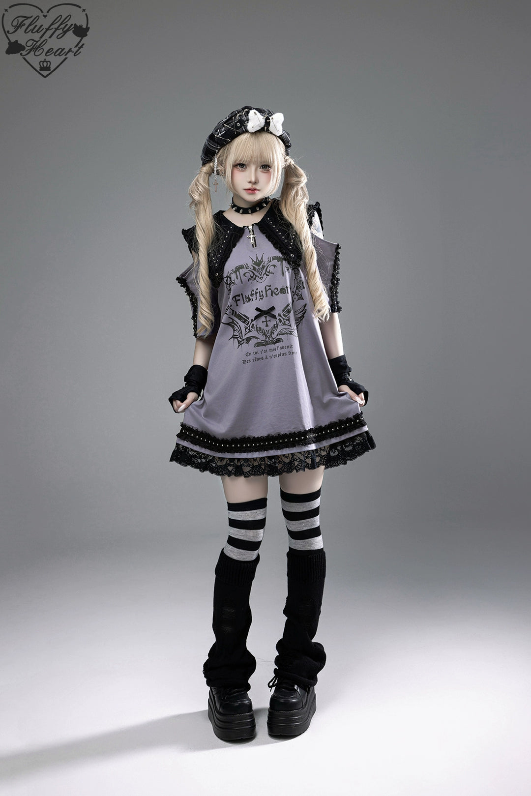 Cotton Sub Jirai Kei T-Shirt Dress, Pointed Collar, Open Shoulder 43373:774832