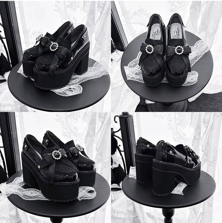 Jirai Kei Platform Loafer Heels, Lace Tulle & Rhinestone 46106:875238
