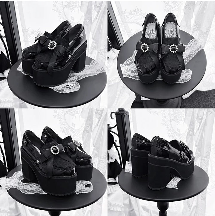 Jirai Kei Platform Loafer Heels, Lace Tulle & Rhinestone 46106:875238