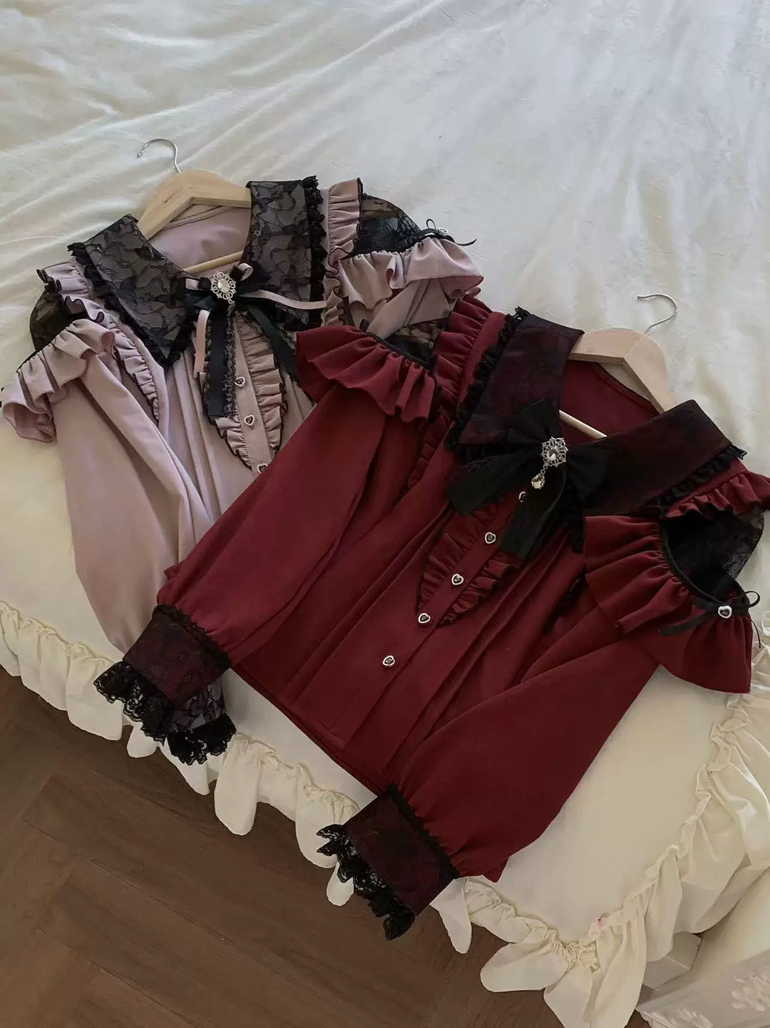 Jirai Kei Long Sleeve Blouse, Lace Overlay and Heart Buttons (L M S XL) 44589:815150