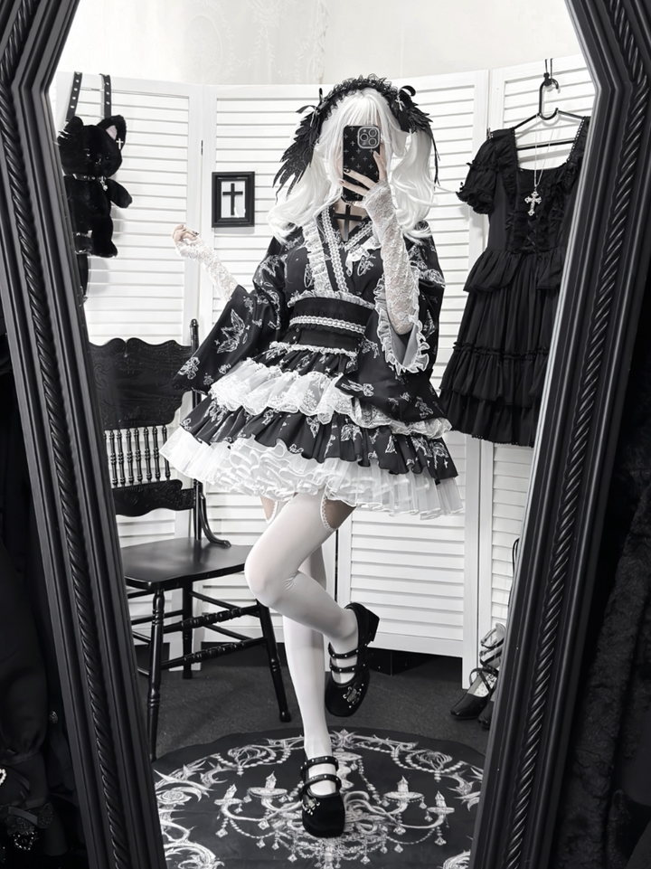 Gothic Blouse and Skirt Yukata Set, Wing Print 45129:835635