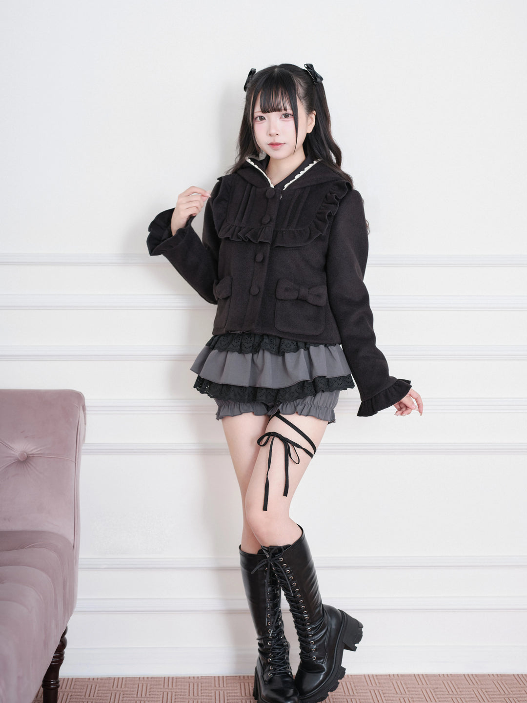 Ryousangata Hooded Solid Coat, Ruffled Neckline 45955:870316