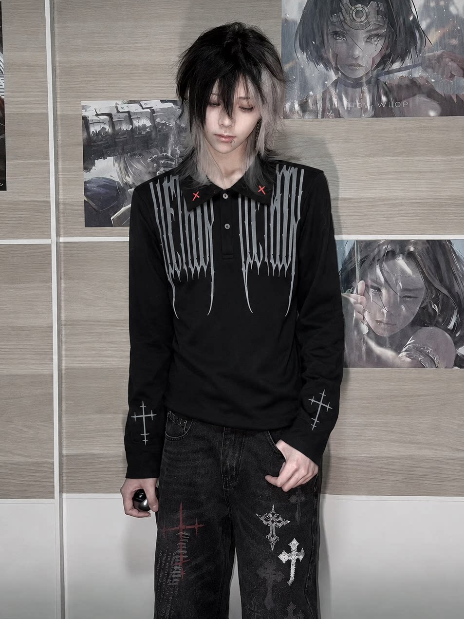 Unisex Gothic Polo Long Sleeve Tee, Red Cross 46068:875072