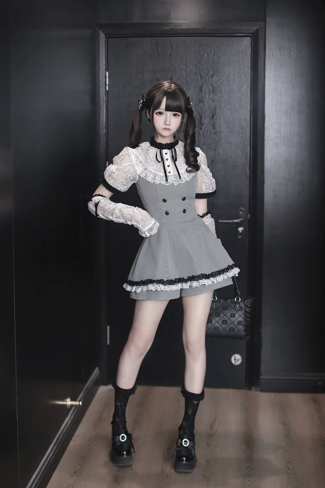Jirai Kei Houndstooth Pattern Dress, Lace & Detachable Sleeves 44922:828301