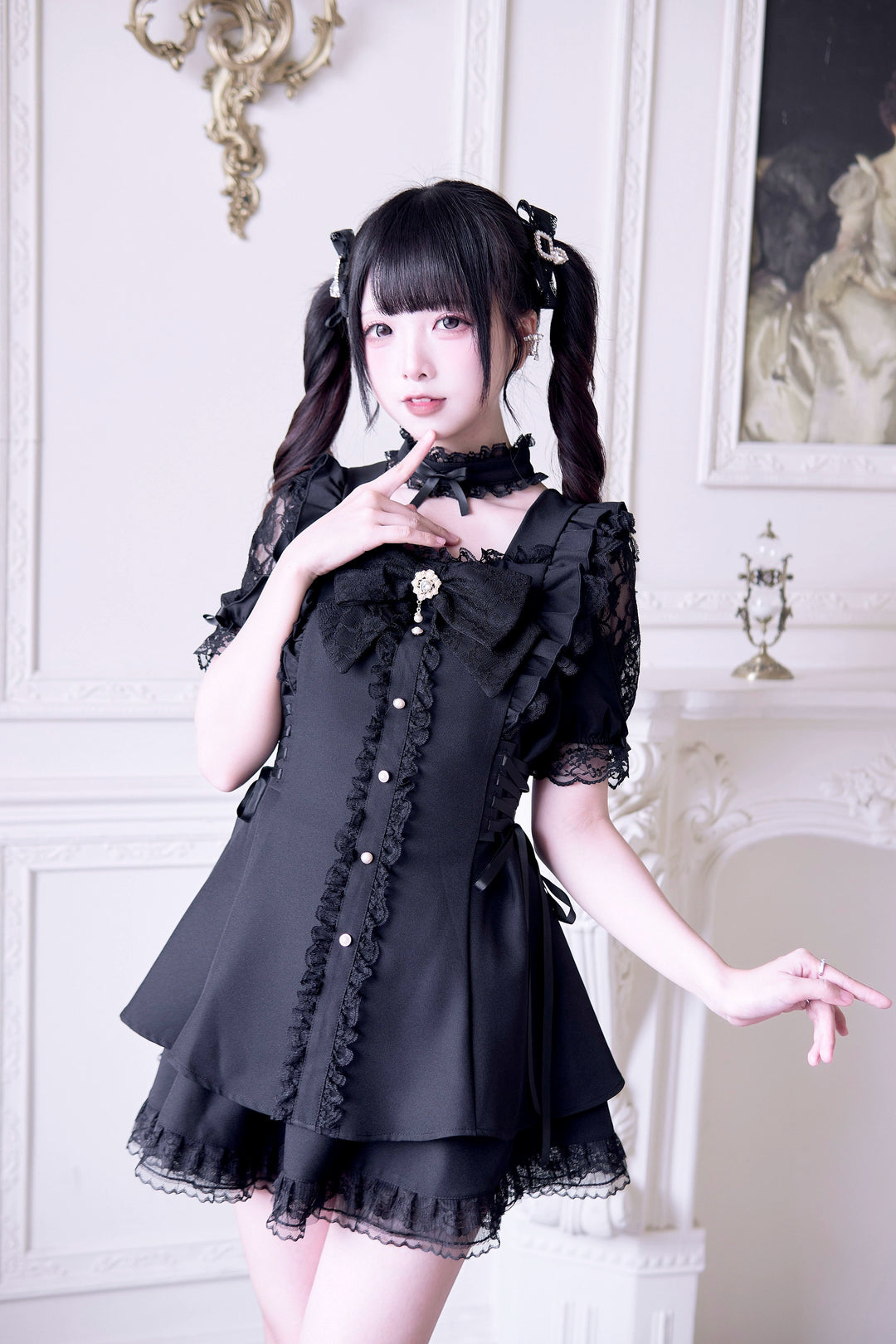 Jirai Kei Dress 4-Piece Set, Elastic Waist & Pearl Button 43010:761782