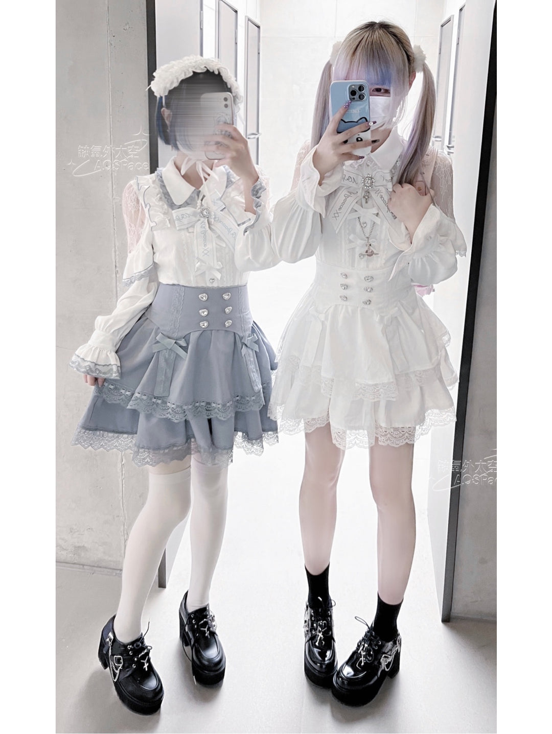 Jirai Kei Blouse Mini Skirt Patchwork Open Shoulder Bi Color Shirt 34500:463846