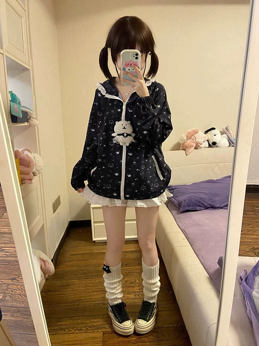 Kawaii Hooded Sunscreen Jacket with Cat Ears & Animal Prints 42905:759059