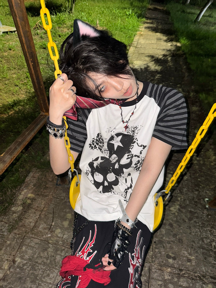 Cotton Subculture T-shirt, Gothic Skull & Leopard Heart Print 43225:771690