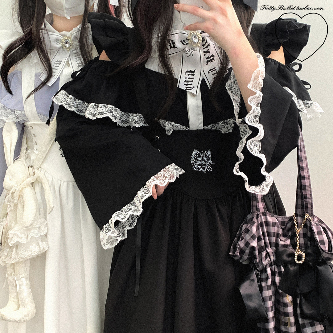 Open Shoulder Jirai Kei Blouse with Lace Trim & Princess Sleeves 42618:747005