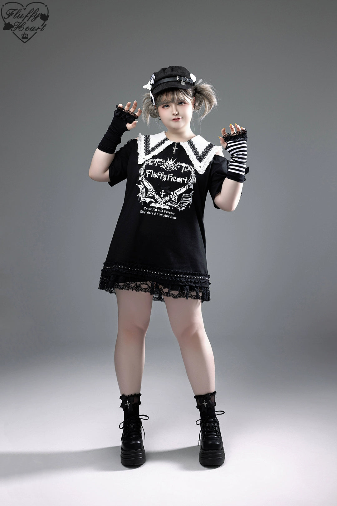 Cotton Sub Jirai Kei T-Shirt Dress, Pointed Collar, Open Shoulder 43373:774819