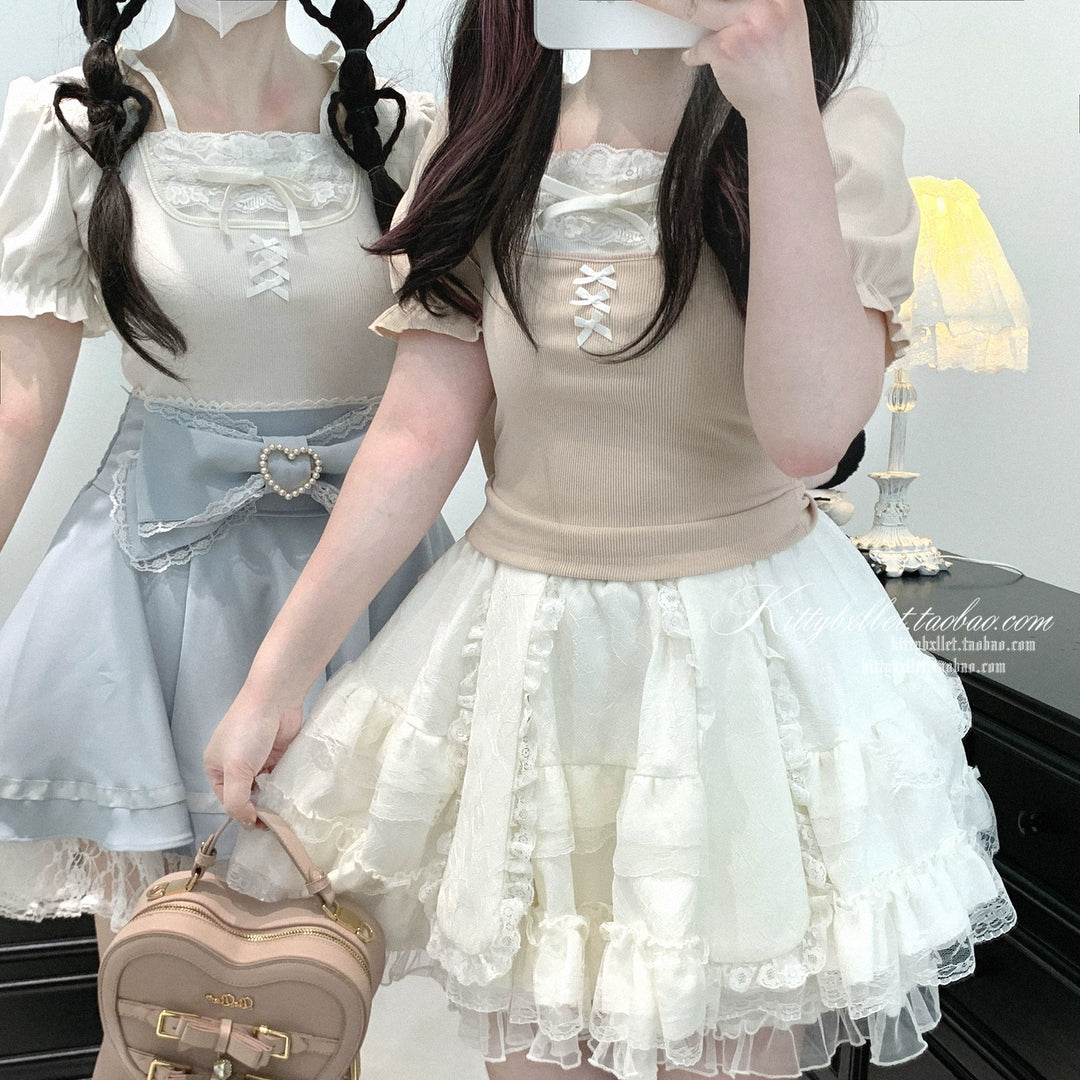 Ryousangata Slim-Fit Top, Puff Short Sleeves (Pink / L M) 43615:781094